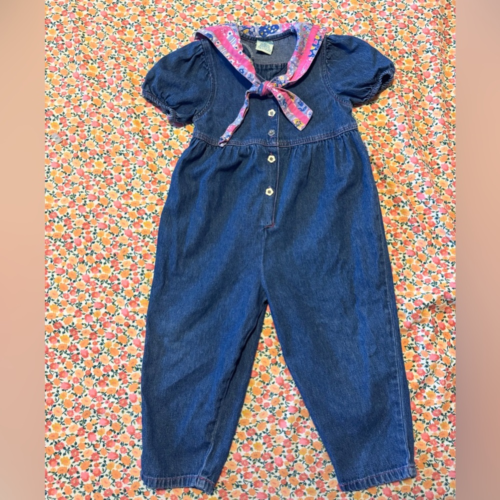 Charming Vintage Sprockets Kids Denim Romper with Pink Trim